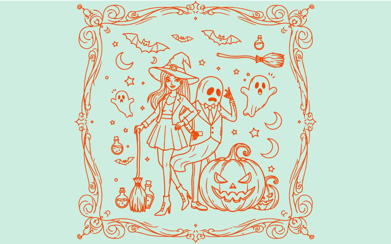 Snygga häxkonstverk med Halloween-motiv för klädaffischer och festlogotyper