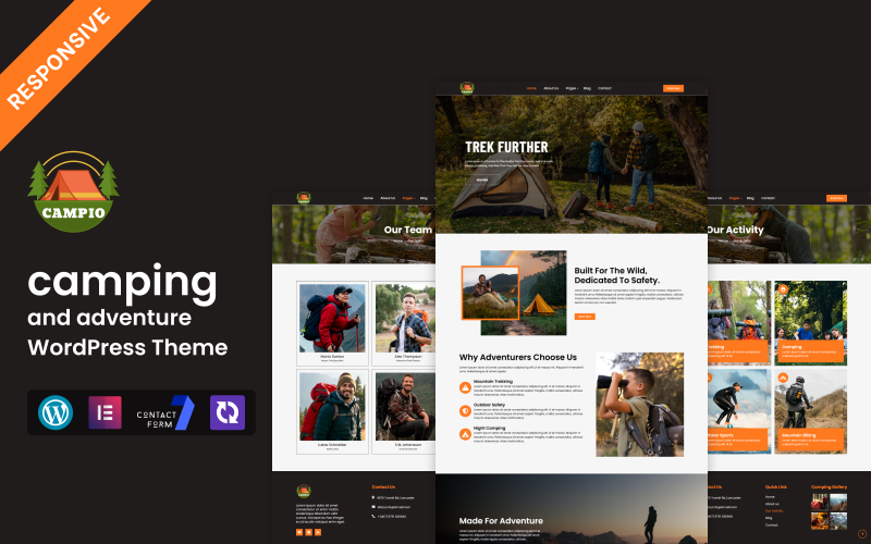 Campio - Tema WordPress Elementor para camping, trilhas e aventuras.