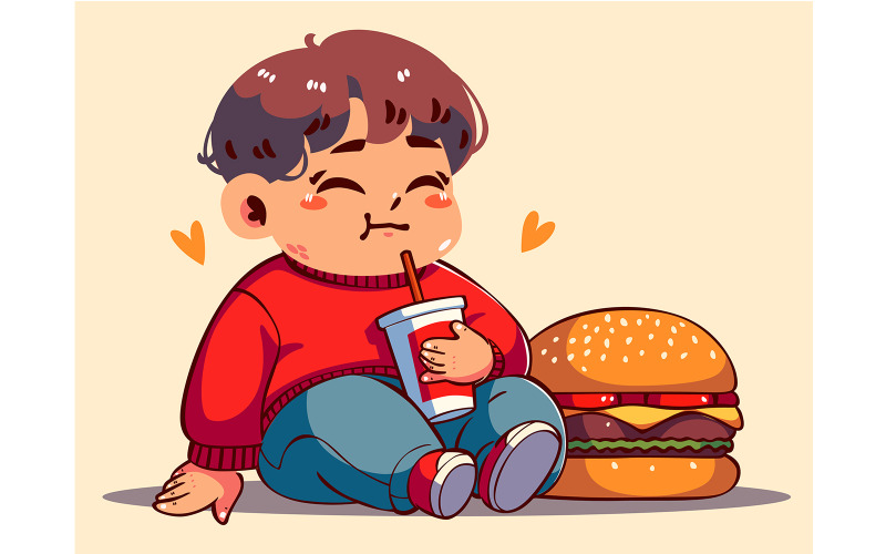 Ragazzo dei cartoni animati seduto accanto a un grande hamburger