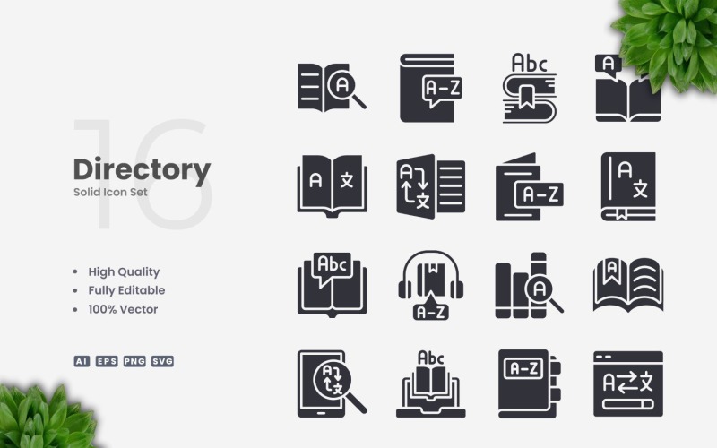 16 Dictionary Solid Icons Set