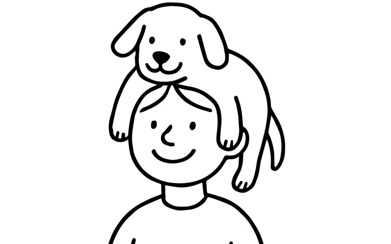Svart linjeteckning av en leende person med en glad hund