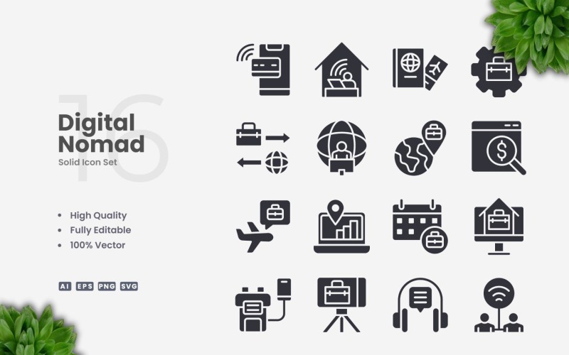 Set mit 16 einfarbigen Icons für digitale Nomaden