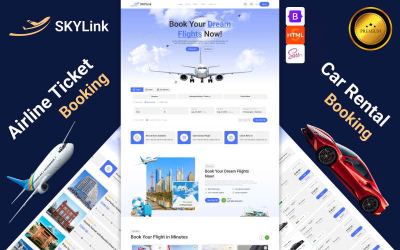 Skylink – HTML-шаблон бронирования авиабилетов и путешествий для авиарейсов, туров, автомобилей и отелей
