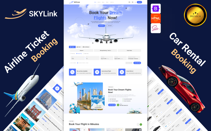 Skylink – Utazási és repülőjegy-foglalási HTML sablon repülőjegyekhez, túrákhoz, autókhoz és szállodákhoz