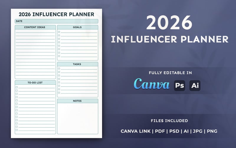 Influencer-Planer-Vorlage 2026 – Druckbarer Organizer, modernes Planer-Seitenlayout