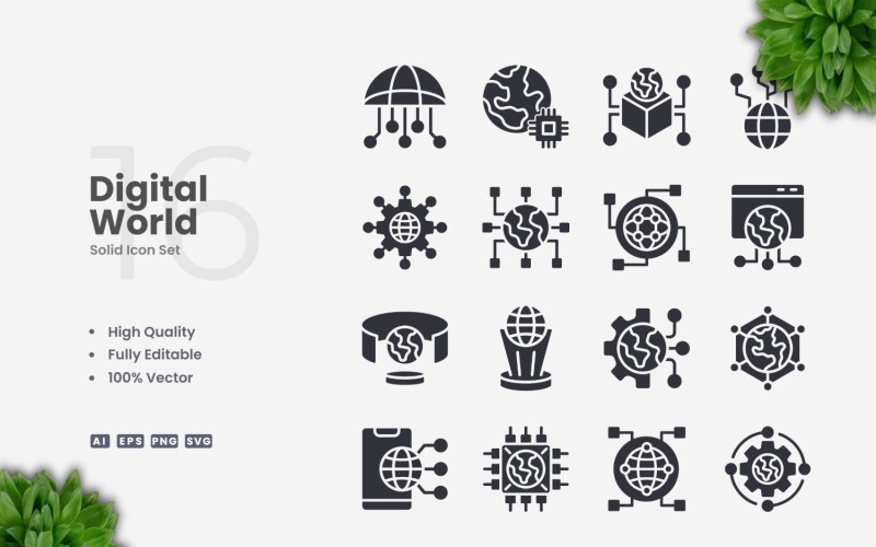 Набор из 16 иконок Digital World Solid