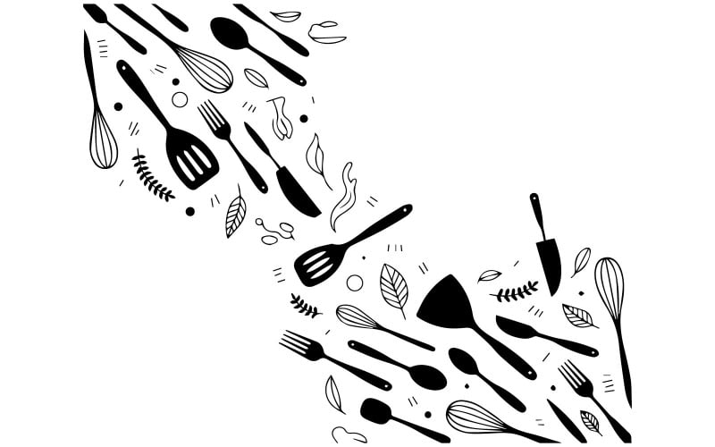 Zwart-witte abstracte keukenillustratie met kookelementen en keukengerei voor culinaire doeleinden