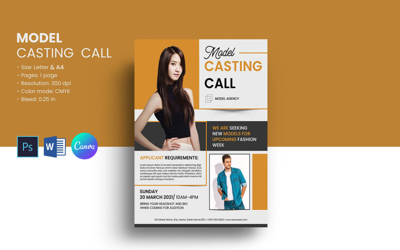 Nyomtatható modellcasting behívó szórólap sablon