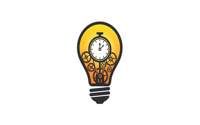 Gloeilamp met klok en tandwielen erin symboliseert tijdmanagementidee geïsoleerd op witte achtergrond