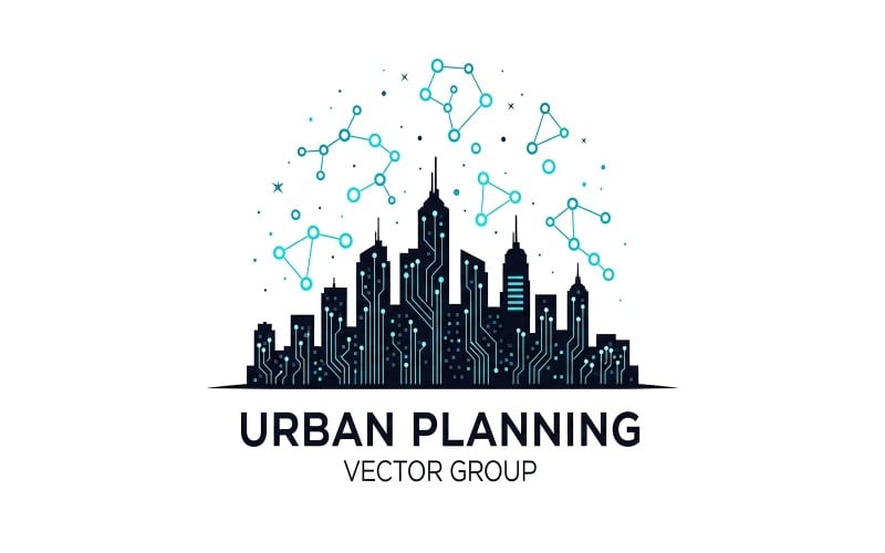 Logo vettoriale del concetto di pianificazione urbana con sovrapposizione di rete digitale sullo skyline della città