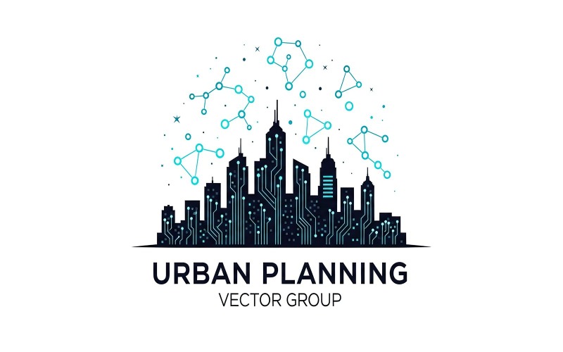 Logotipo vetorial com horizonte urbano e sobreposição de rede digital para conceito de planejamento urbano.