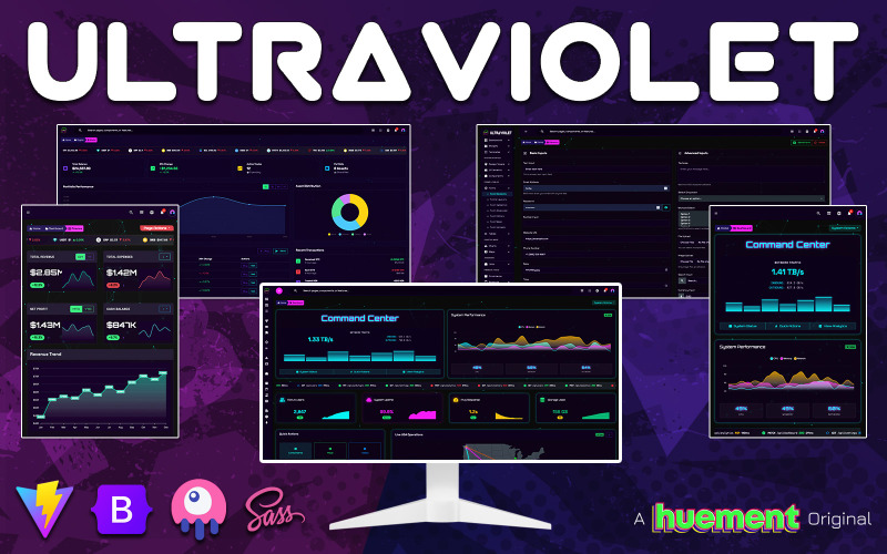 UltraViolet Pro: Bootstrap 5 statikus HTML adminisztrációs irányítópult sablon HUD-dal, sötét móddal és RTL-lel