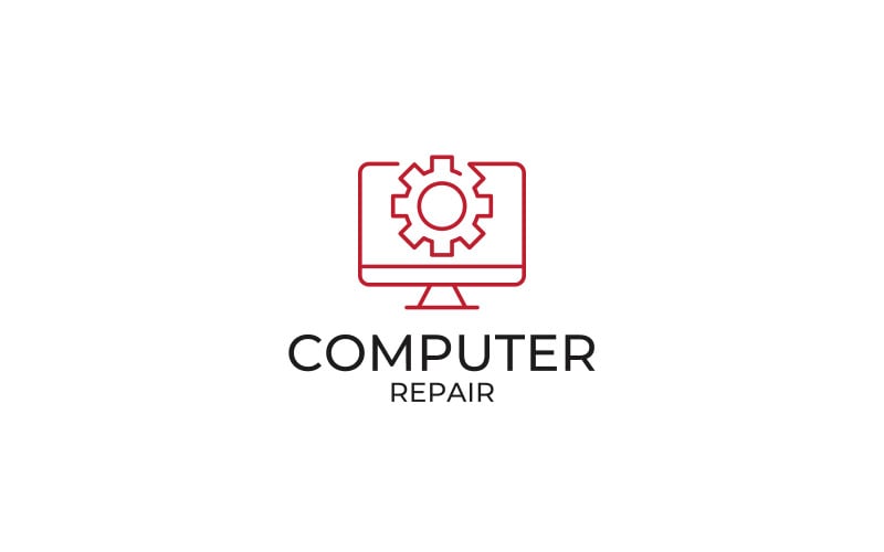 Logo per la riparazione di computer o televisori. Modello di progettazione di computer con ingranaggio di impostazione