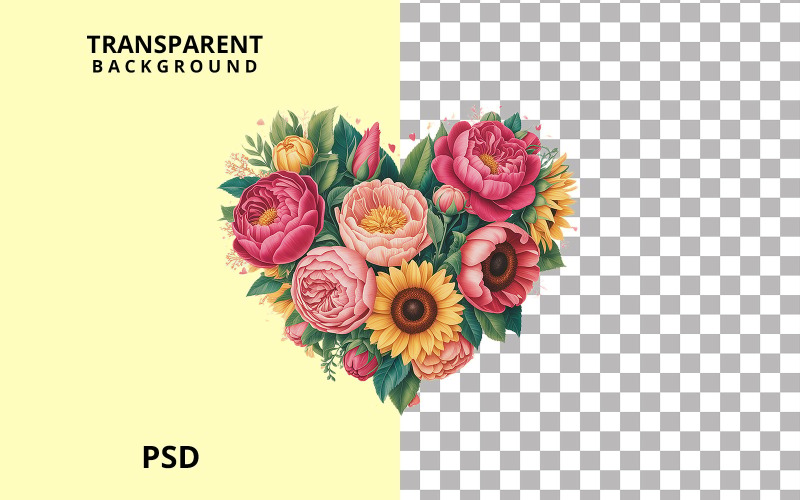 Bouquet floral en forme de cœur avec tournesols et pivoines roses | Illustration PNG 8K Ultra HD pour la Saint-Valentin