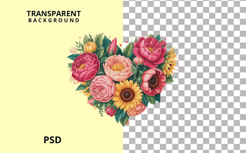 Herzförmiger Blumenstrauß mit Sonnenblumen und rosa Pfingstrosen | 8K Ultra HD Valentinstag-PNG-Illustration