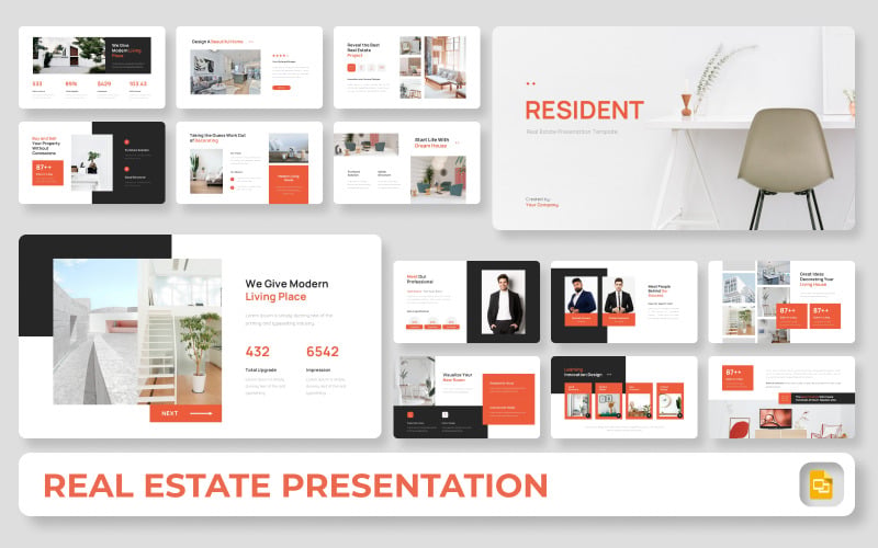 Modelo de apresentação do Google Slides para residentes do setor imobiliário.