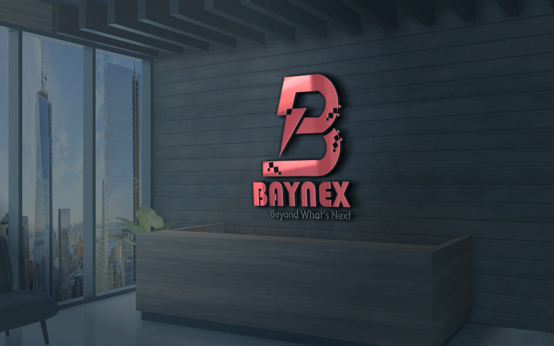 BAYNEX-Logo mit futuristischem rotem B und digitalem Glitch-Effekt.