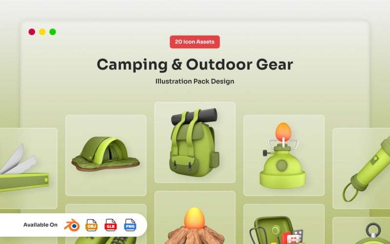 Paquete de iconos 3D de artículos para acampar y actividades al aire libre
