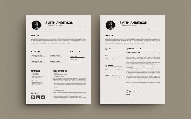 Modello di curriculum moderno e minimalista con layout pulito per grafici, design di CV di 2 pagine