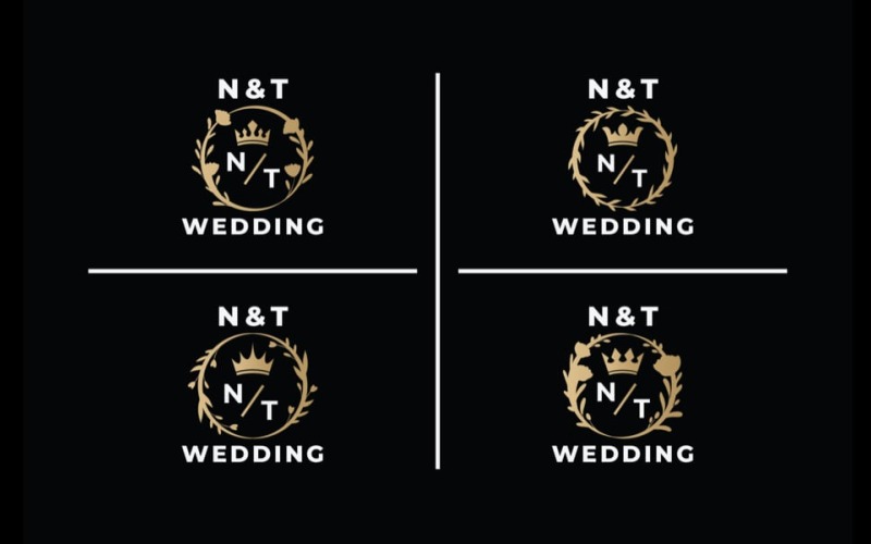 优雅的金色字母组合 N&T 婚礼标志设计，配以皇冠和花环