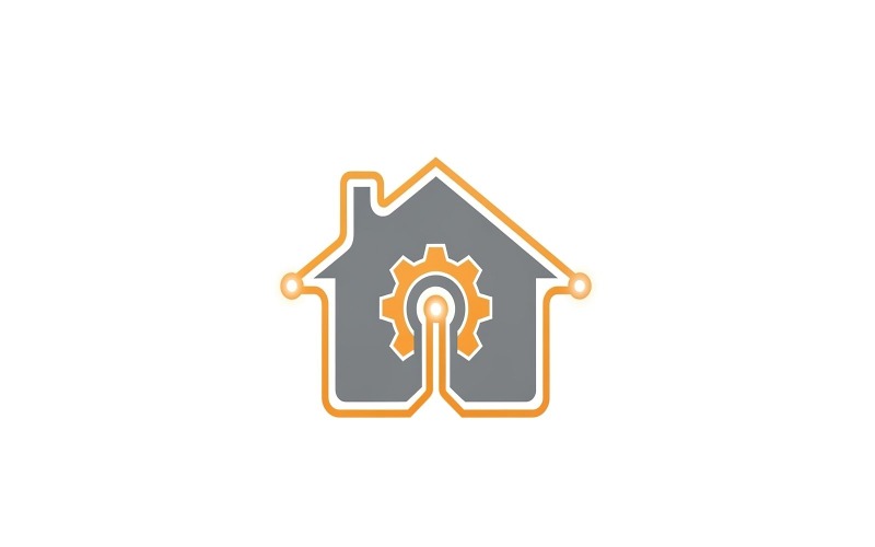 Slim huis met tandwielpictogram erin, plat vectorlogo-ontwerp, geïsoleerd op een witte achtergrond