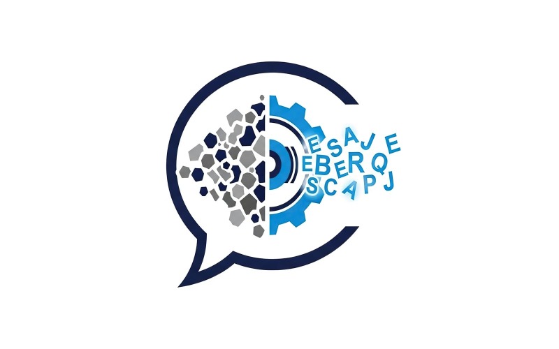 Logo de technologie de communication représentant une bulle de dialogue se divisant en données numériques et un engrenage bleu