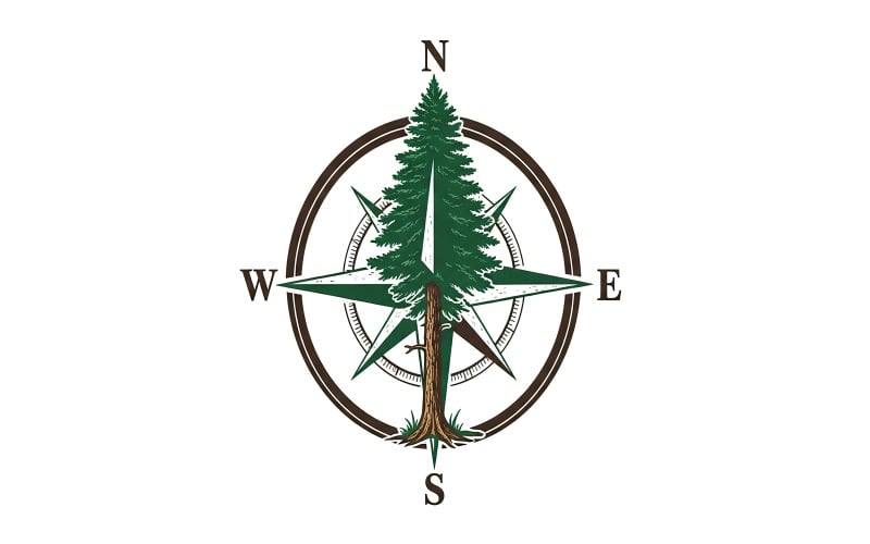 Pine tree integrated into a navigational compass rose design with ...