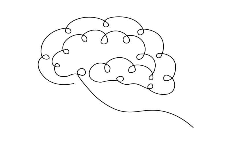 Illustrazione del cervello umano a linea singola disegnata con curve morbide che formano un'opera artistica