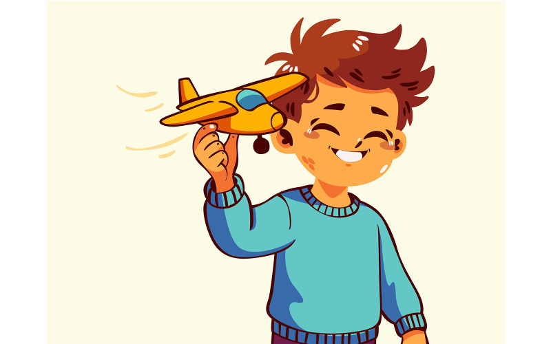 Ragazzo dei cartoni animati che tiene in mano un aeroplano giocattolo
