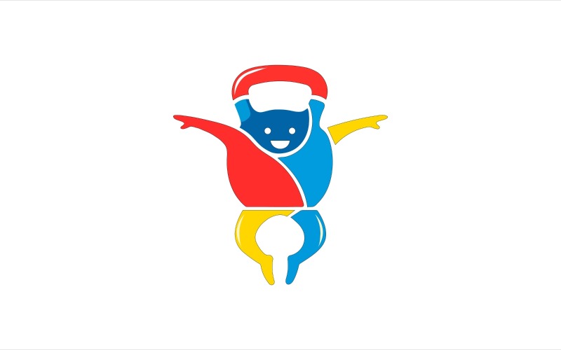 Figura stilizzata colorata di kettlebell con una faccia felice e una diffusione, isolata su sfondo bianco