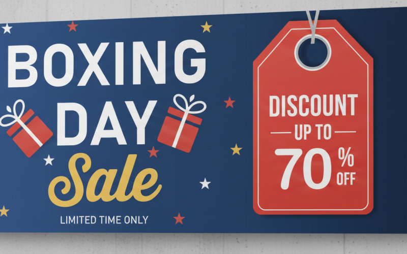 Banner di vendita del Boxing Day GRATUITO - Sconto del 70% su sfondo blu