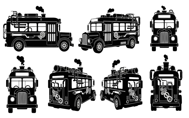 Illustrazioni vettoriali di silhouette nere di scuolabus steampunk, caratterizzate da elementi isolati su sfondo bianco