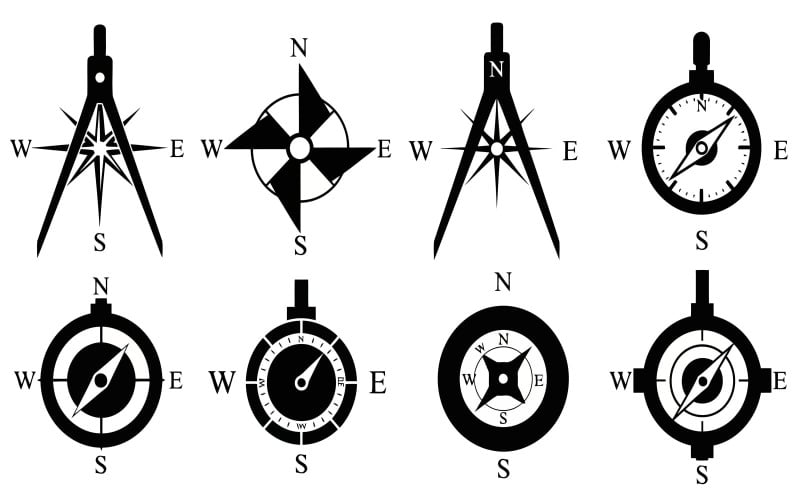 Huit illustrations de boussoles noires aux motifs variés, isolées sur fond blanc.
