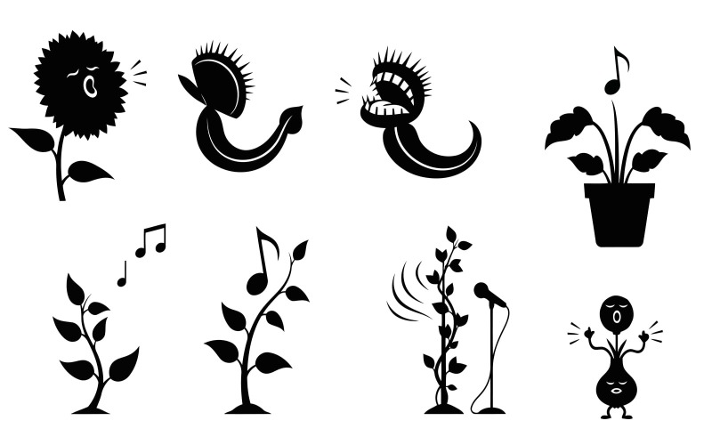 Huit silhouettes de plantes noires chantant ou faisant de la musique, dans une illustration vectorielle fantaisiste isolée