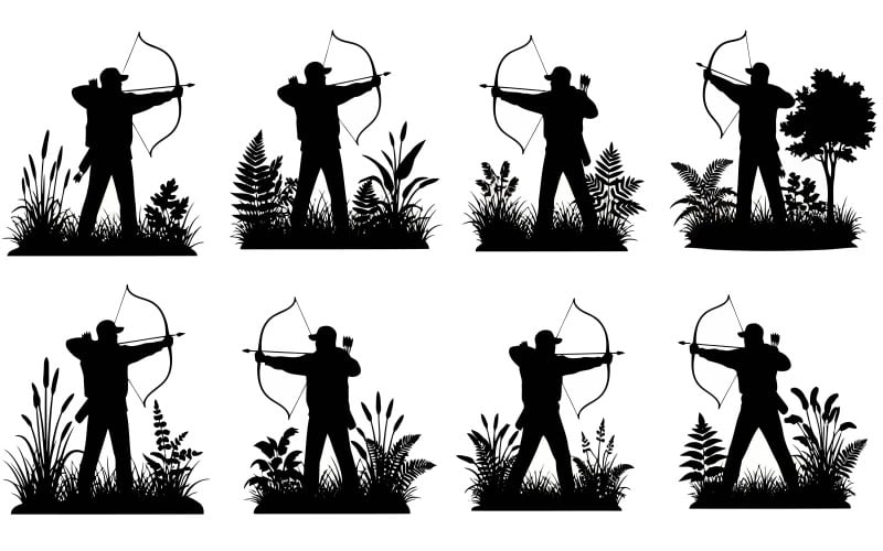 Ocho siluetas negras de arqueros en poses de tiro entre plantas silvestres, aisladas en blanco