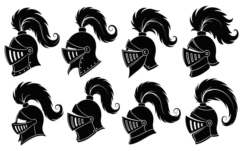 Otto sagome di elmi da cavaliere medievale in vari modelli, isolati su sfondo bianco con alto