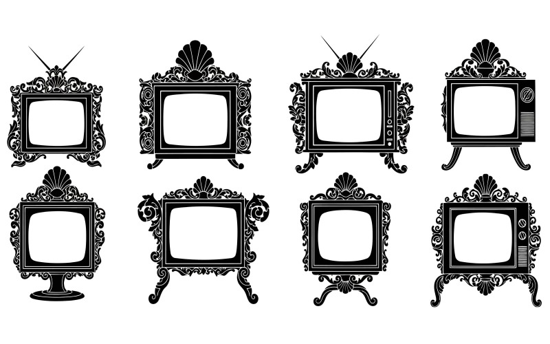 Åtta utsmyckade vintage-tv-apparater med dekorativa ramar, klassiska, isolerade på vit bakgrund