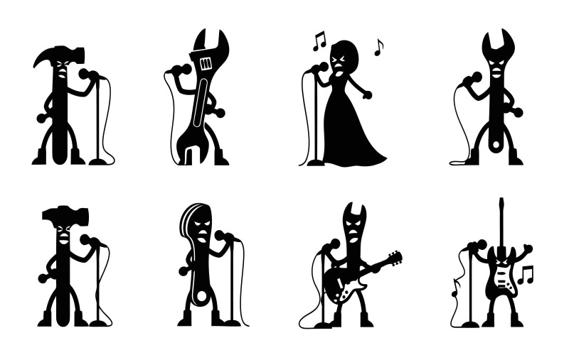 Des outils de dessin animé et une chanteuse interprètent de la musique rock avec des microphones, isolés sur fond blanc.