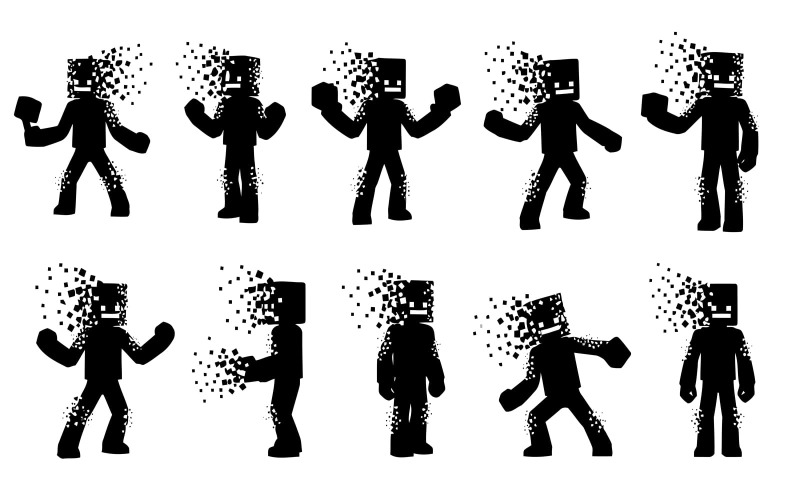 Schwarze, pixelige Figuren in verschiedenen Posen, die digitale Darstellungen zeigen, isoliert auf weißem Hintergrund