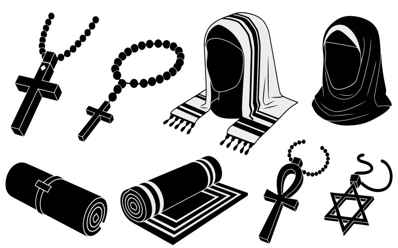 Cyfrowa ilustracja różnych symboli i przedmiotów religijnych na białym tle