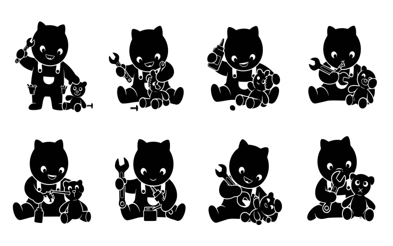 Silhouet van een schattig personage dat een teddybeer repareert, geïsoleerd op een witte achtergrond