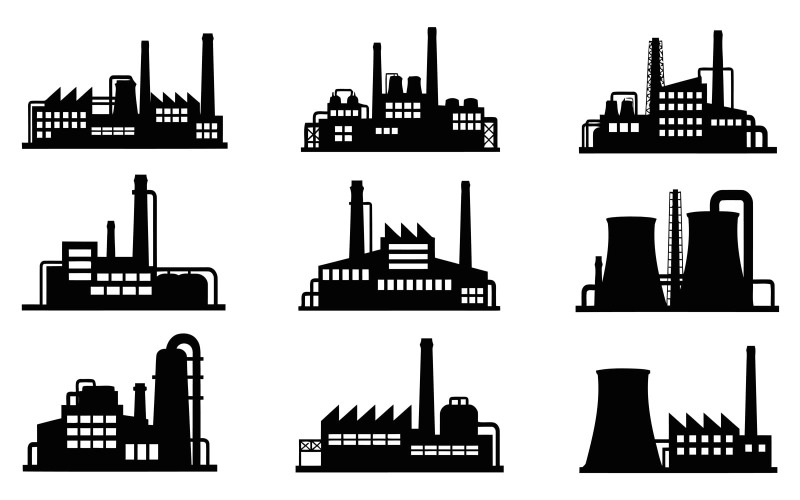 Silhouette di vari edifici industriali e centrali elettriche isolati su sfondo bianco