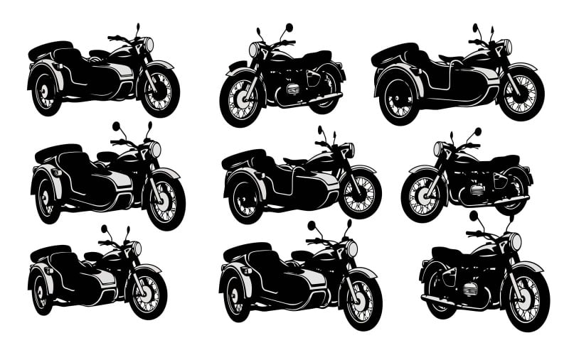 Silhuett av vintage motorcyklar med sidovagnar isolerad på vit bakgrund