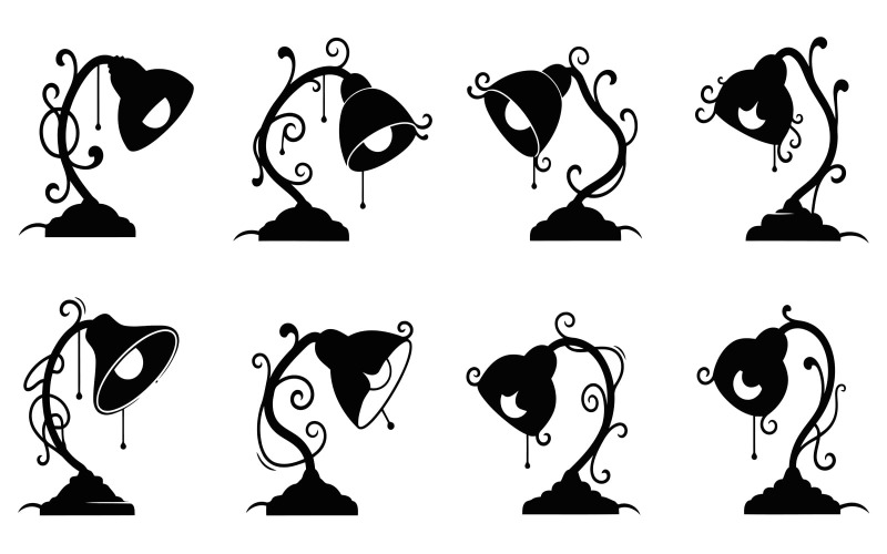 Sylwetka stylizowanych, fantazyjnych, ozdobnych lamp stołowych na białym tle