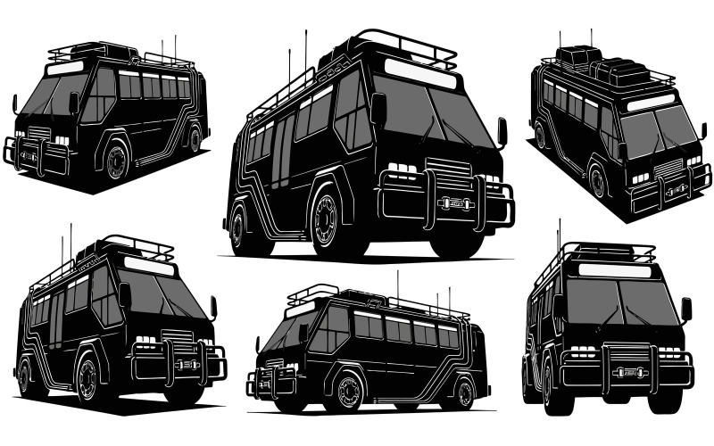Múltiplas ilustrações em preto e branco de um ônibus de expedição isolado em fundo branco.