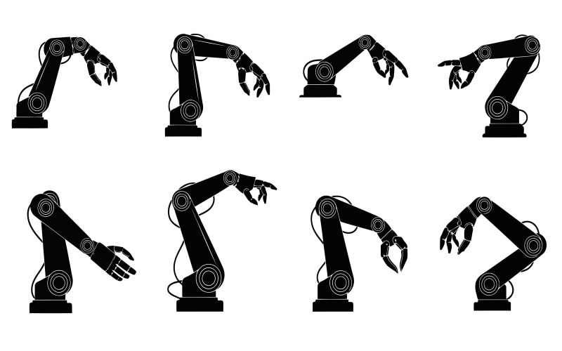 Vectorillustratie van een verzameling robotarmen, industriële automatisering geïsoleerd op een witte achtergrond