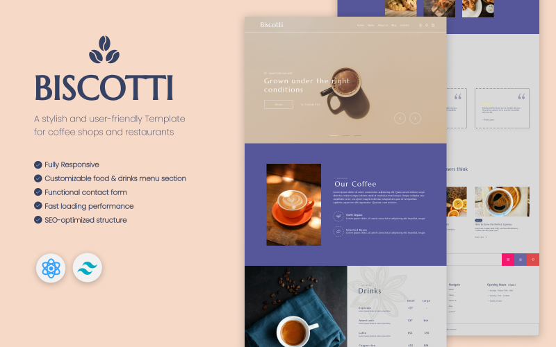 Biscotti – Plantilla de React y Tailwind para cafeterías y restaurantes