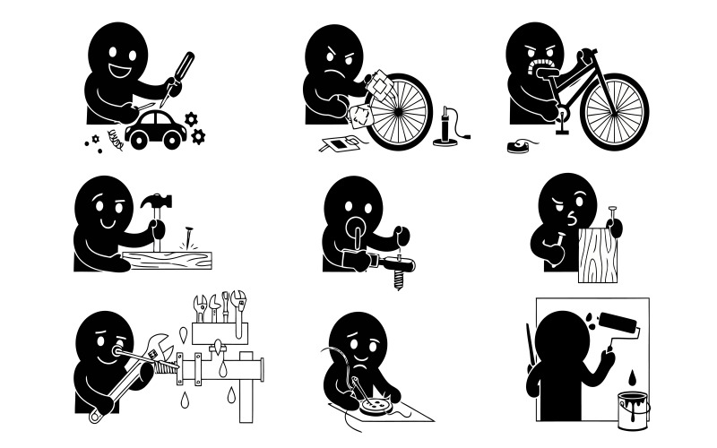 Zwart silhouetfiguur dat diverse doe-het-zelfklussen en -activiteiten uitvoert, geïsoleerd op een witte achtergrond.