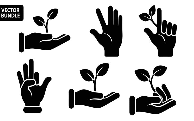 Vectorillustratie van zwarte silhouetten van handen die planten vasthouden, geïsoleerd op een witte achtergrond.