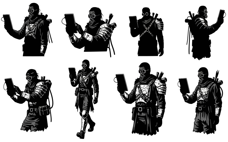 Zwarte silhouetillustratie van acht post-apocalyptische overlevenden, geïsoleerd op een witte achtergrond.